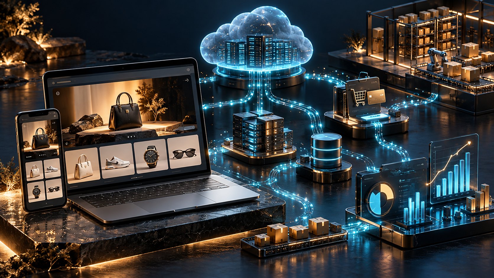 Shopify Plus storefront connected with cloud commerce, inventory, checkout, and analytics